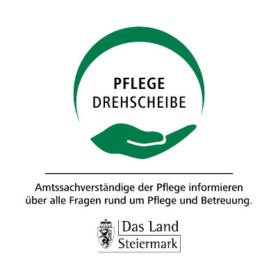 Logo 'Pflege Drehscheibe' mit grünen Händen. Informationsquelle für Pflege und Betreuung des Landes Steiermark.